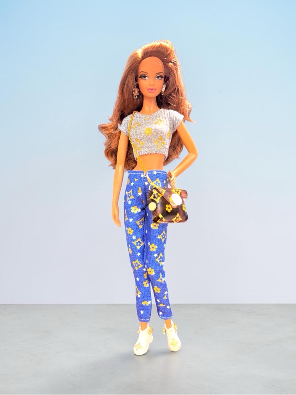 Handmade Lux Style Blue Floral High-Waist Pants for fashion dolls